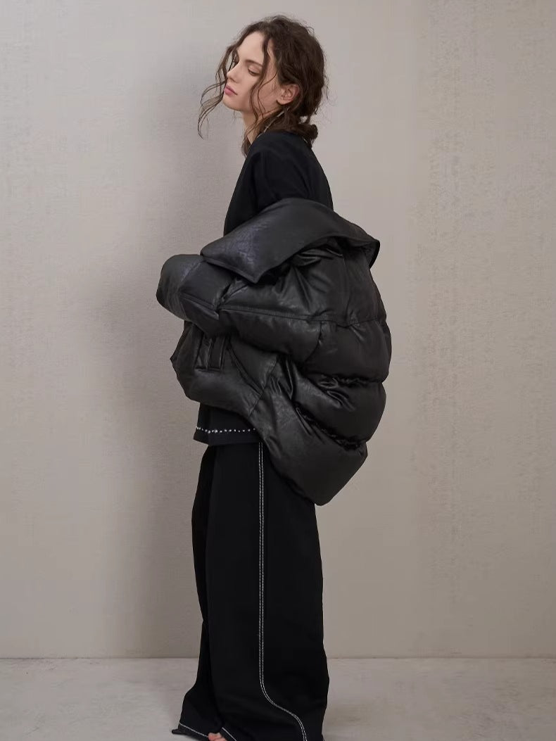 Oversized Leather-Texture Down Jacket