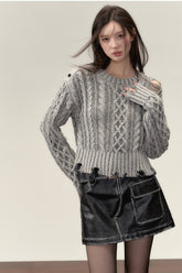 Grey & Brown Round-neck Distressed Vintage Sweater - CHINASQUAD