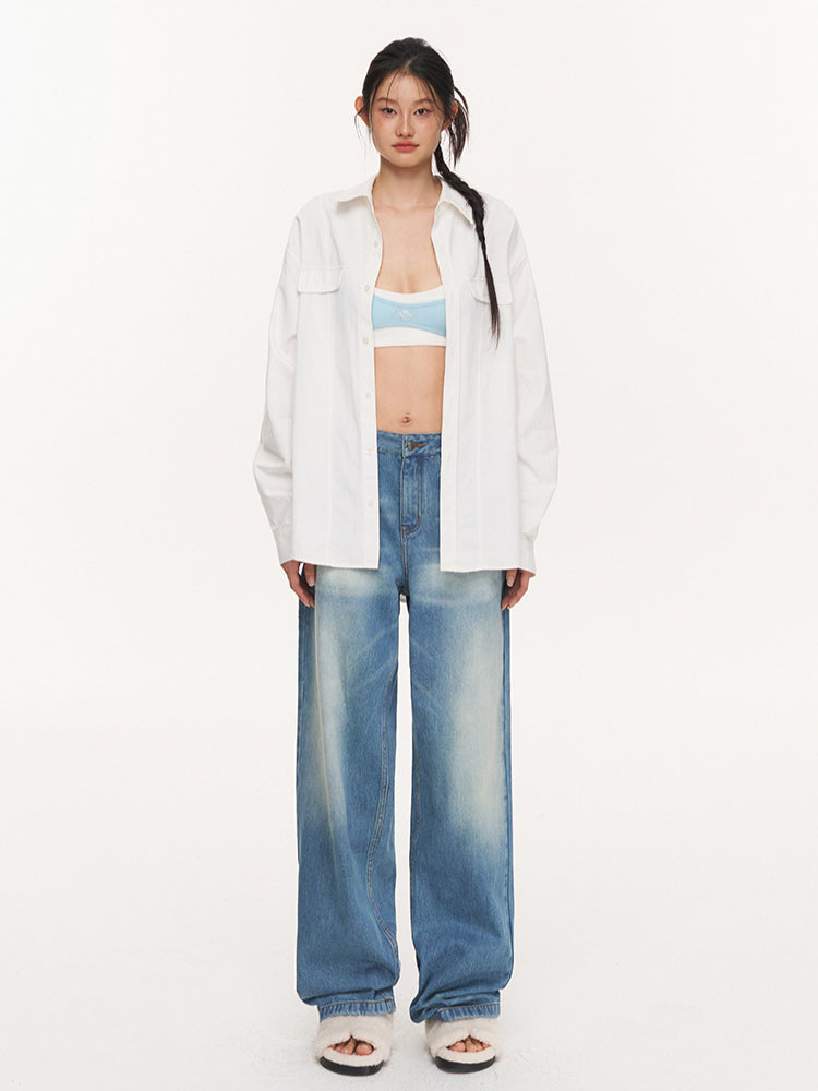 Water-Washed Low-Waist Loose Straight-Leg Pants