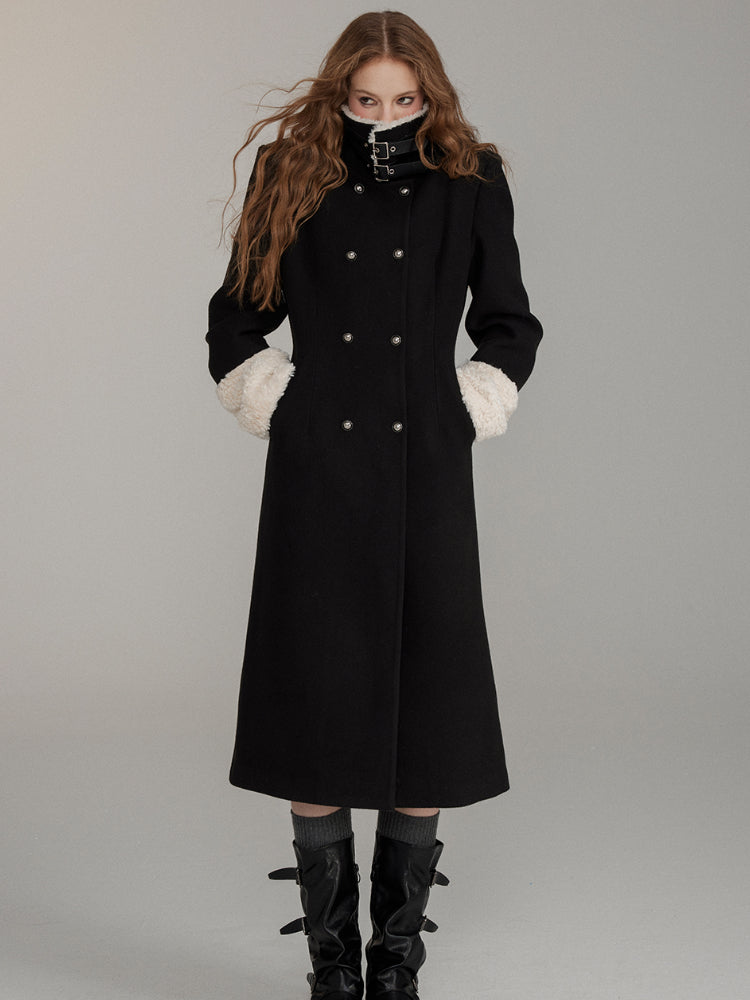 Wool Fleece Trim Long Coat