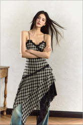 Black & White Plaid Lace Splicing Suspender Midi Dress - CHINASQUAD