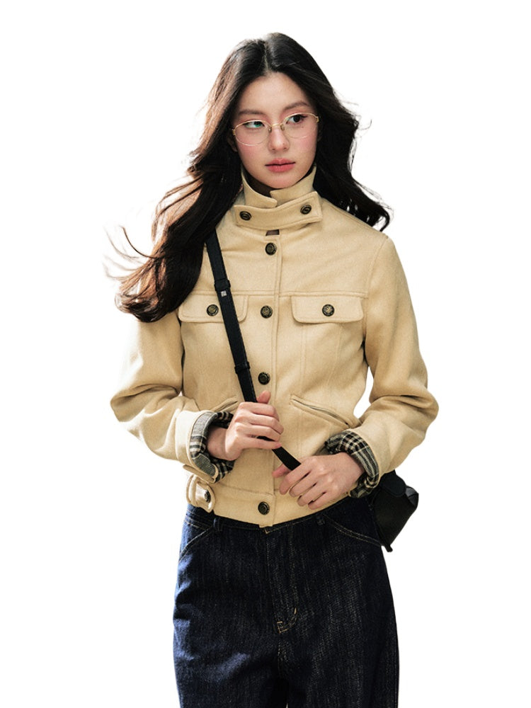 Khaki Suede Korean-Style Short Jacket