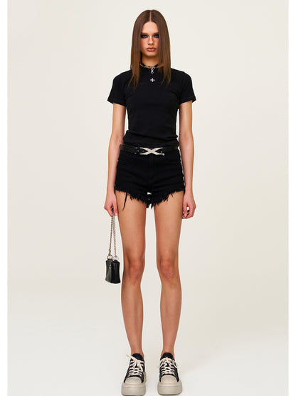 Waist-Cinching Embroidered Round-Neck T-Shirt - CHINASQUAD
