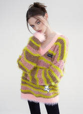 Pink & Red Striped V-neck Sweater - CHINASQUAD