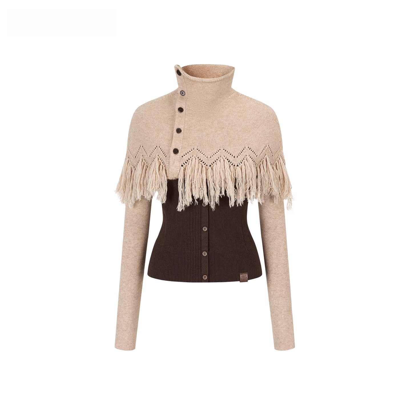 High-Neck Knit Top Fringe Cape Set
