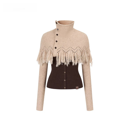 High-Neck Knit Top Fringe Cape Set