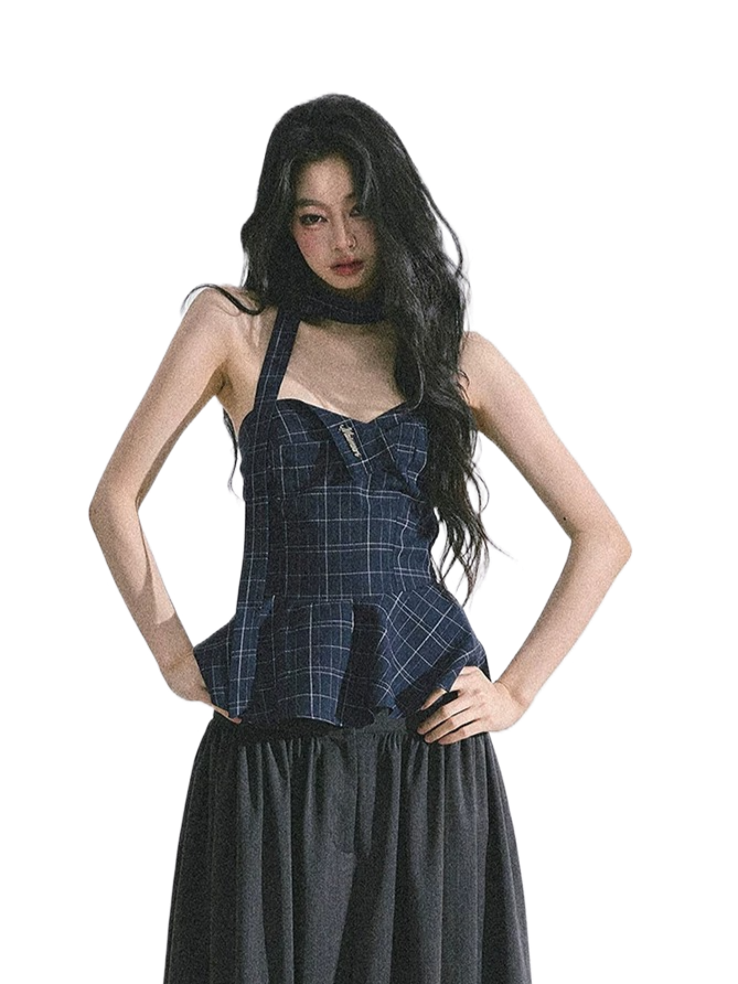 “Blue Rhythm” Plaid Corset Peplum Tube Top