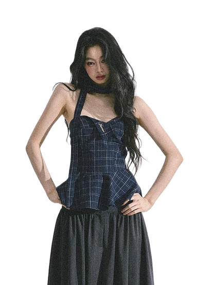“Blue Rhythm” Plaid Corset Peplum Tube Top