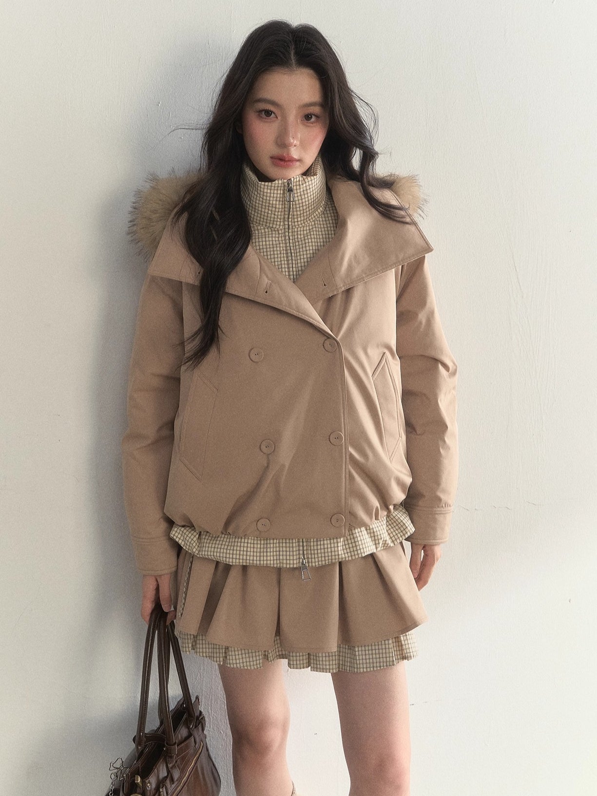 Khaki &amp; Pink Double-Breasted Layered Down Jacket