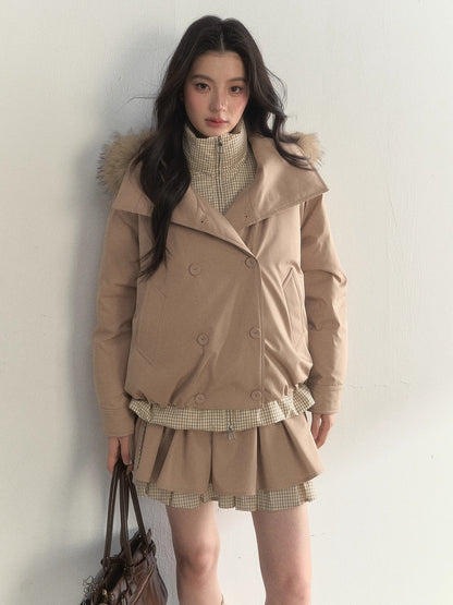 Khaki &amp; Pink Double-Breasted Layered Down Jacket