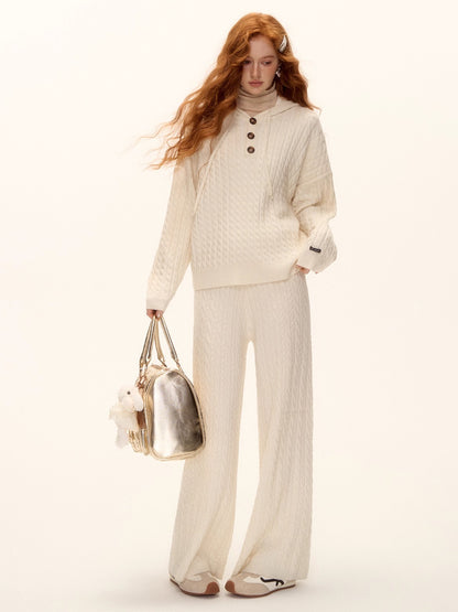 Wool Blend Cable Knit Hoodie &amp; Wide-Leg Pants Set