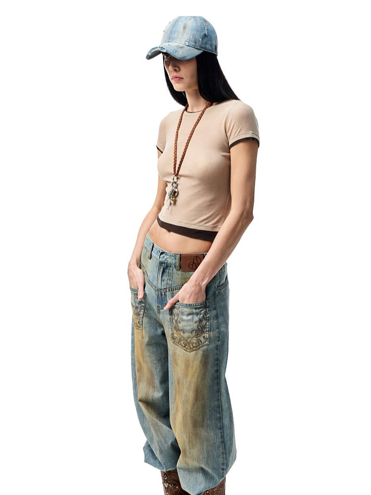 Fake Two-piece Color-Blocking Slightly Sheer T-Shirt