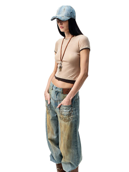 Fake Two-piece Color-Blocking Slightly Sheer T-Shirt