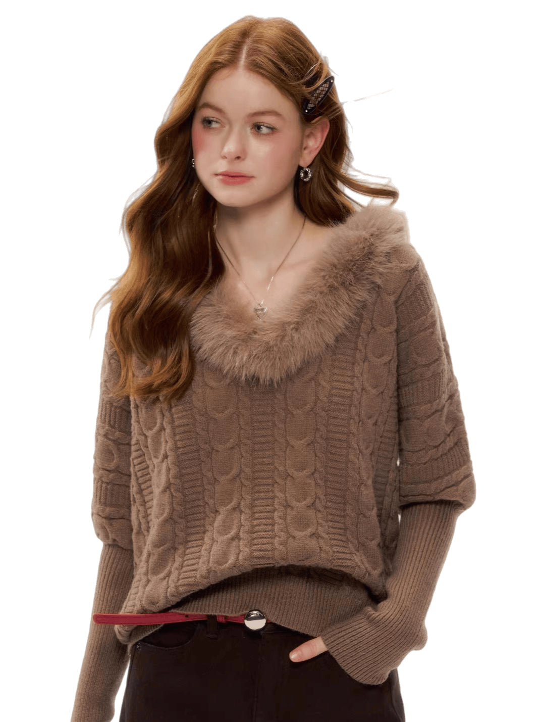 Cable-Knit V-Neck Waist-Shaping Sweater