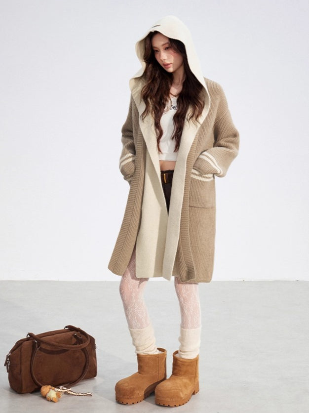 Detachable Collar Knit Hooded Long Cardigan