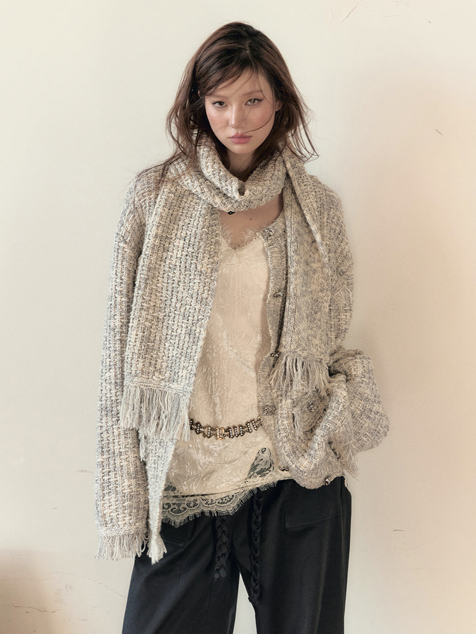 Frayed Edges Wool Mid-Length Knit Cardigan