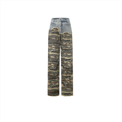 Camouflage Panel Distressed Washed Jeans