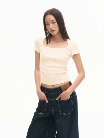 Ice Silk Ribbed Waist Cinching Round Corner T-Shirt