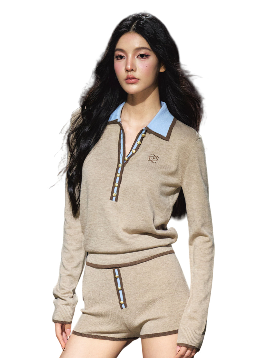 Contrast Tie-Neck Polo Knit Set