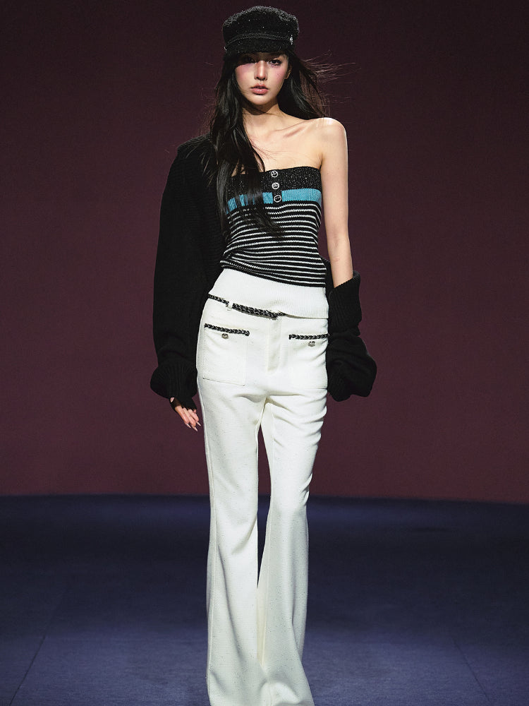 Colorblock Bustier Top &amp; Relaxed Wool-Blend Knit Cardigan Set - CHINASQUAD