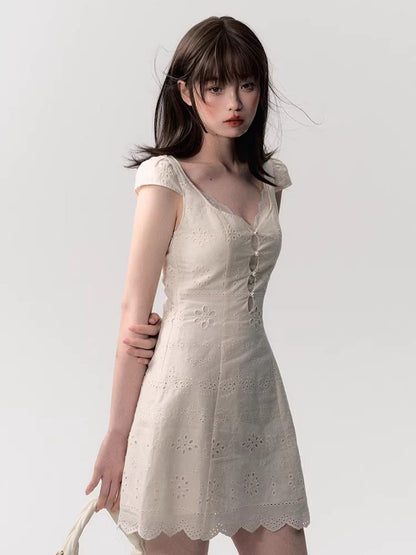 Cream White Lace-Panel Slim Fit Textured Dress