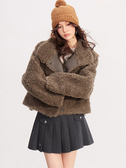 Shearling-Trim Stand-Collar Cropped Jacket