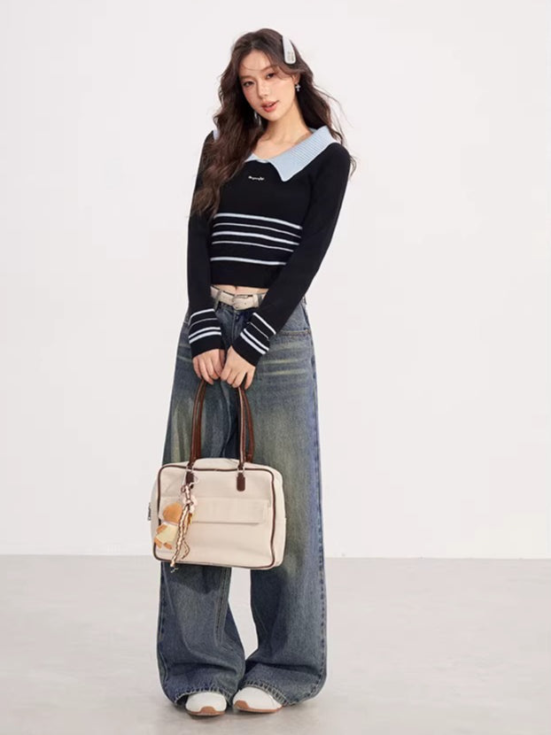 Contrast Collar Striped Knit Polo Top