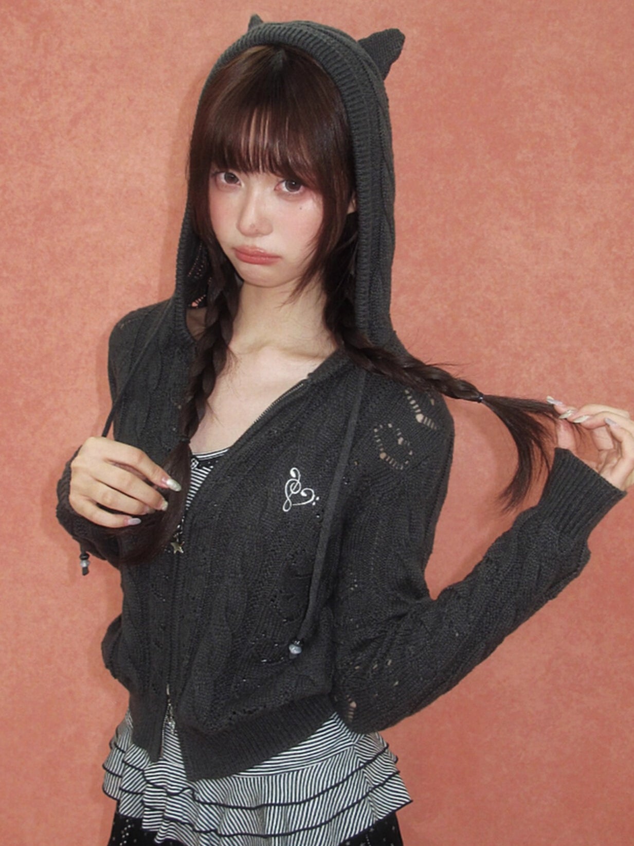 Heart Cutout Cable-Knit Hooded Cardigan