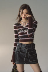 V-neck Striped Knitted Sweater - CHINASQUAD