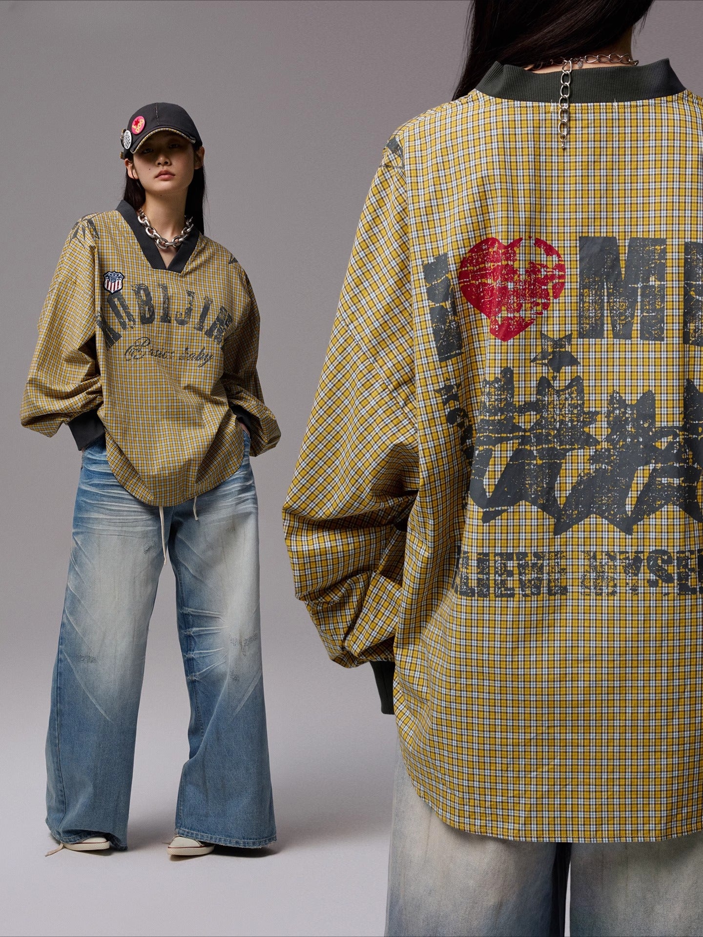 Vintage V-Neck Check Jersey Shirt - CHINASQUAD