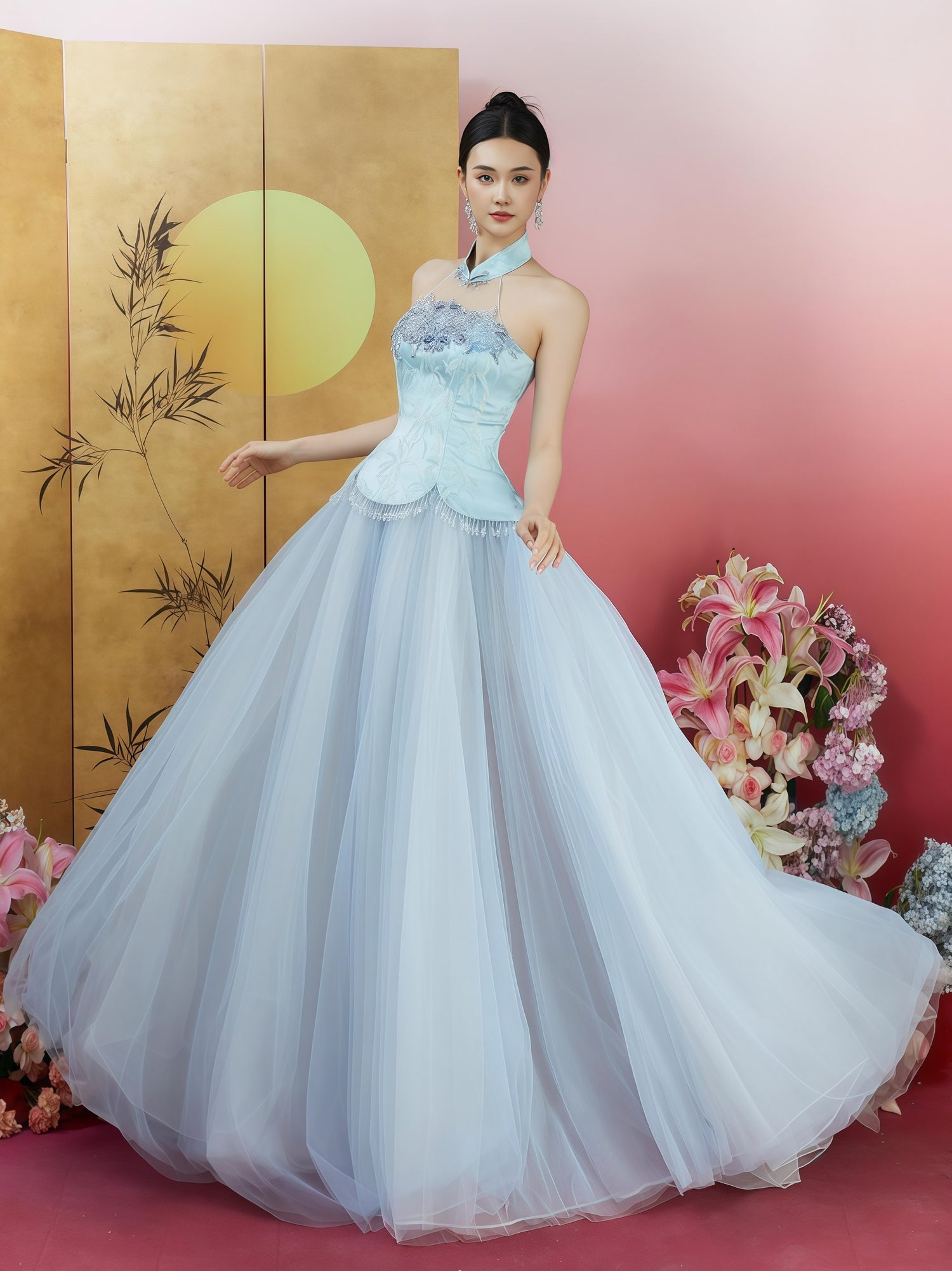 Ice Blue Embroidered Halterneck Ball Gown