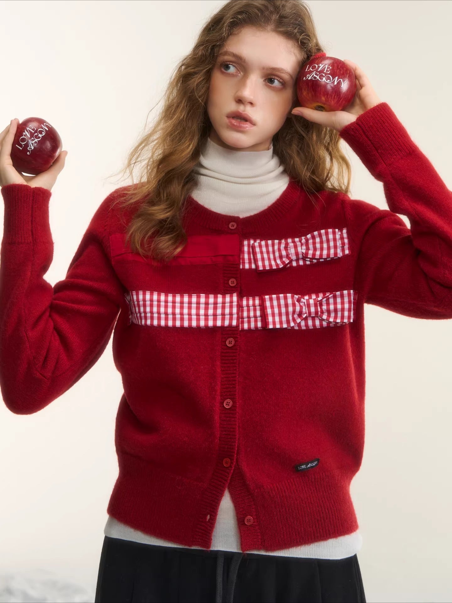 Vintage Checkered Patchwork Bow Knit Cardigan