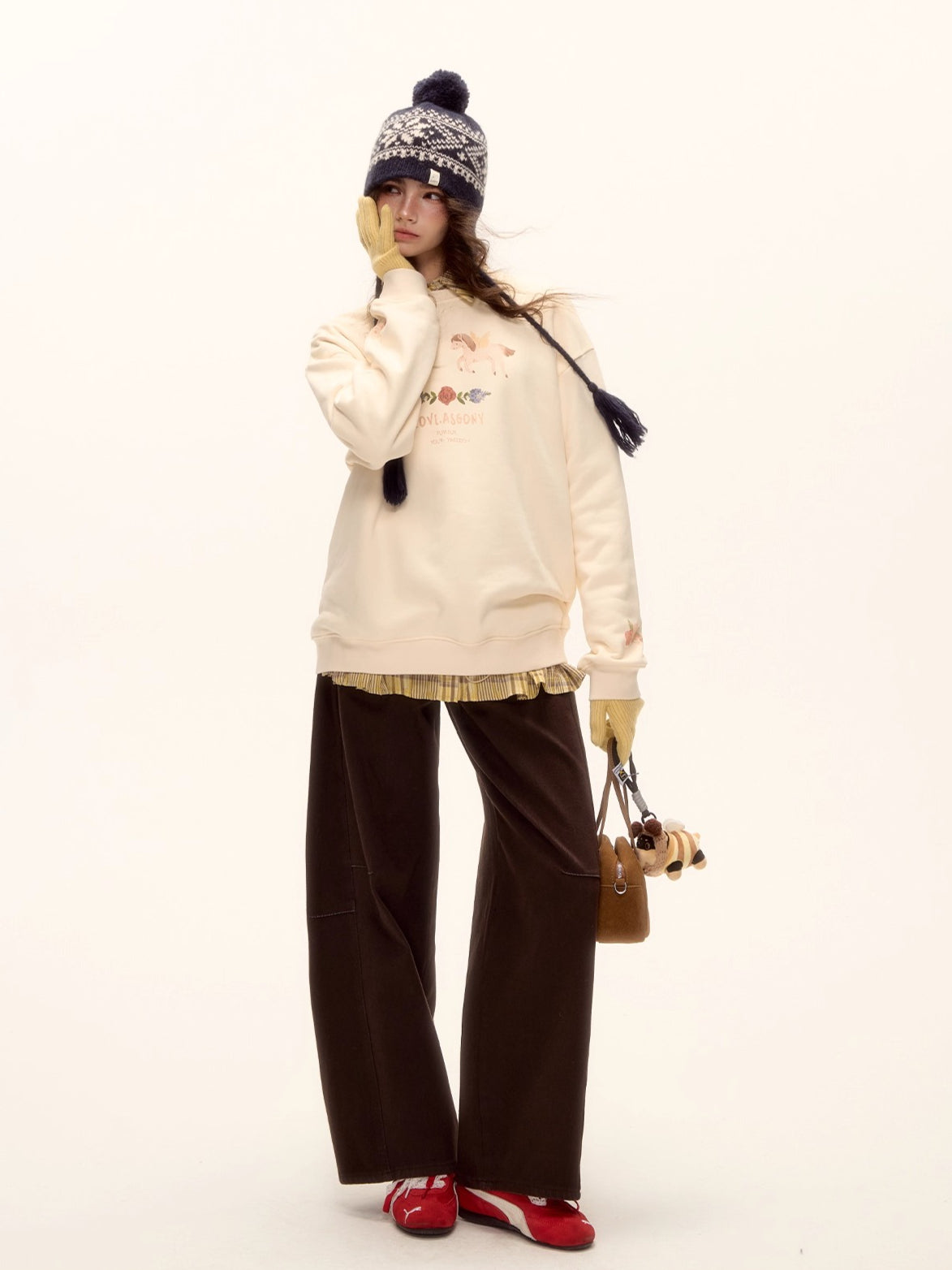 Floral Pony Print Fleece-Lined Pullover Sweatshirt