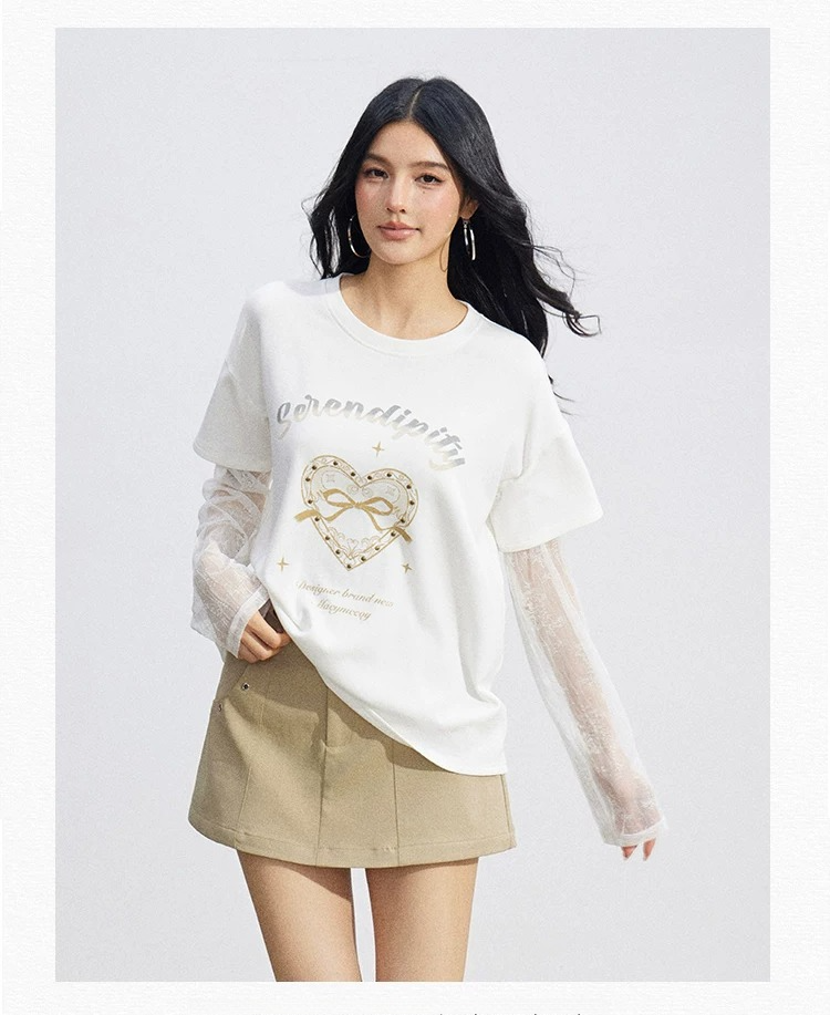 Lace Panel Sun Protection Graphic T-Shirt