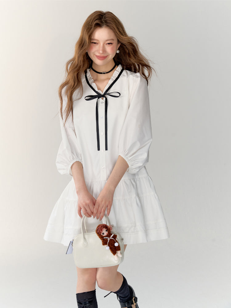 White Bowknot Tied Pleated Shirt Dress