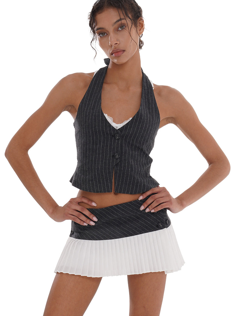 Grey Pinstriped Halter Vest Top &amp; Skirt Set