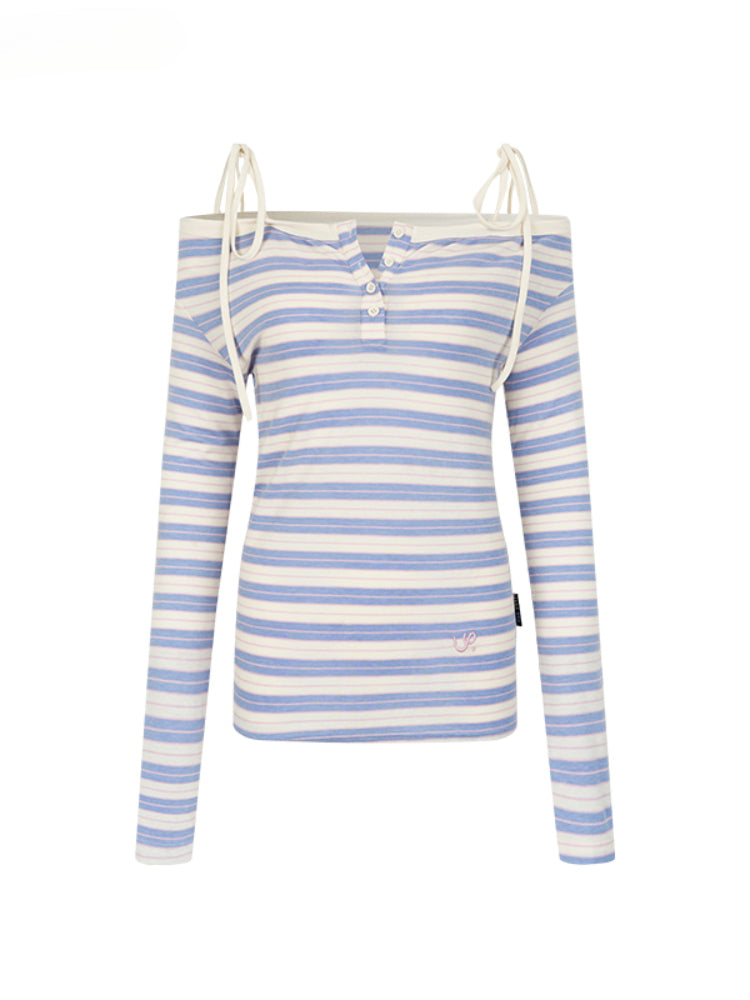 Tie-Button Off-Shoulder Long-Sleeve T-shirt