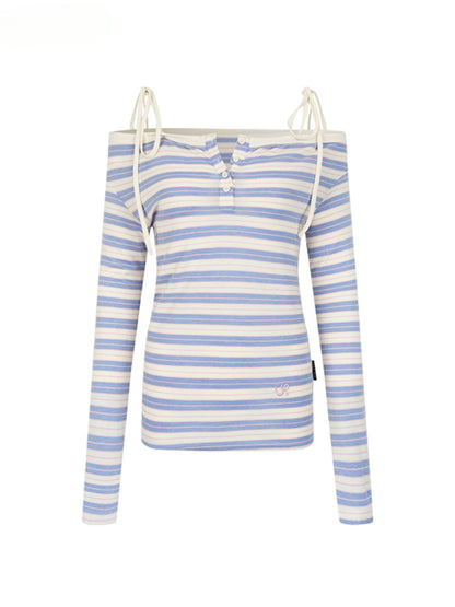 Tie-Button Off-Shoulder Long-Sleeve T-shirt