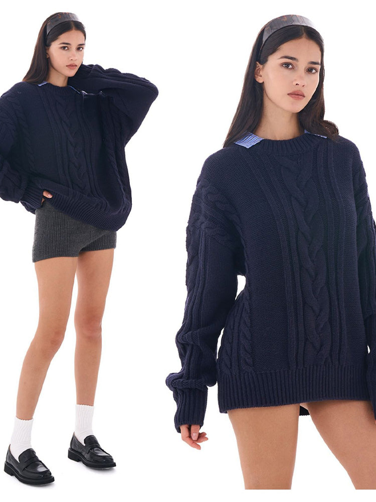 Detachable Collar Oversized Cable Sweater