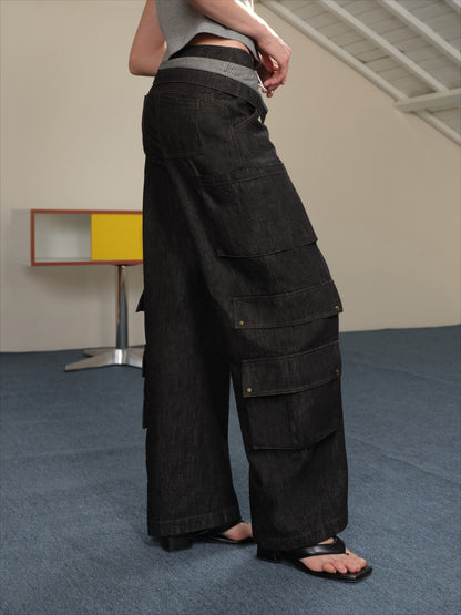 Multi-Pocket Double Waistband Denim Cargo Pants