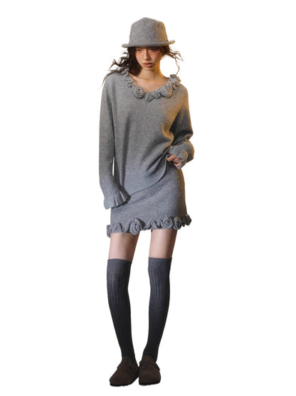 3D Rose V-Neck Knit Sweater &amp; A-Line Knit Skirt Set