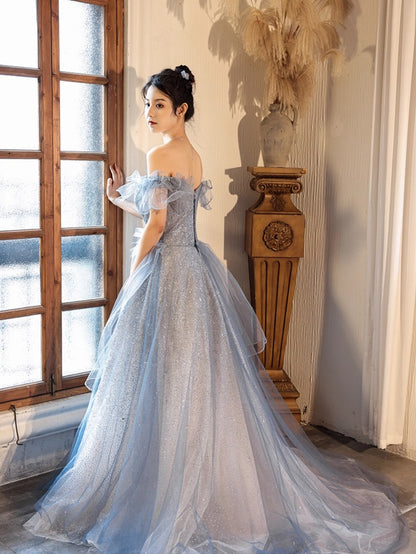 Cinderella Sheer Glitter Tulle Off-Shoulder Gown