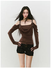 Draped Neck Leather Strap Acetate One-shoulder T-shirt - CHINASQUAD
