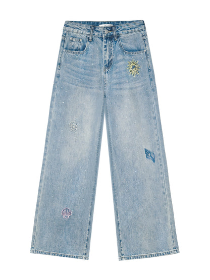 Embroidered Denim Wide-Leg Pants - CHINASQUAD
