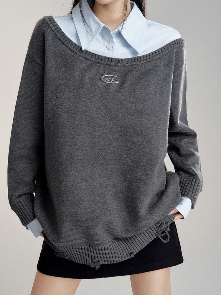 Shirt-Panel Asymmetric Knit Sweater