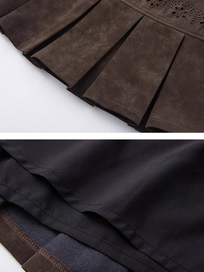 Lace-Trimmed Velvet Pleated Faux Leather Mini Skirt