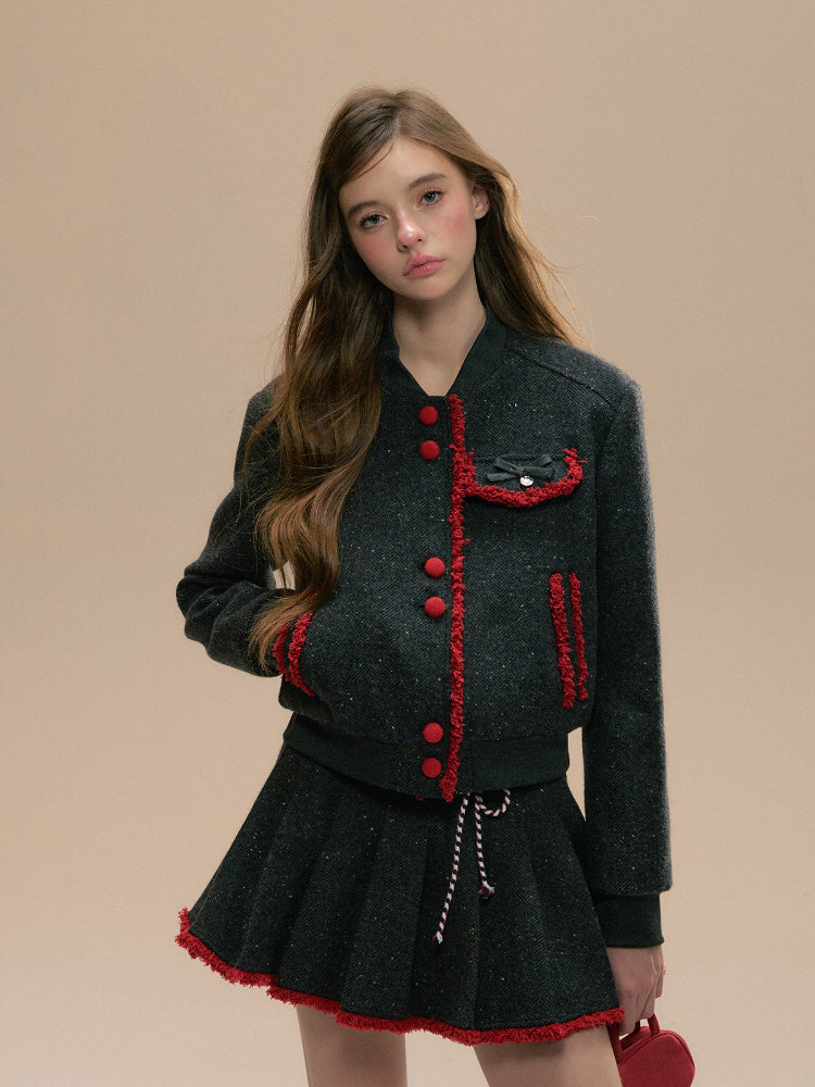 Dark Gray Vintage Wool Baseball Jacket &amp; Skirt Set