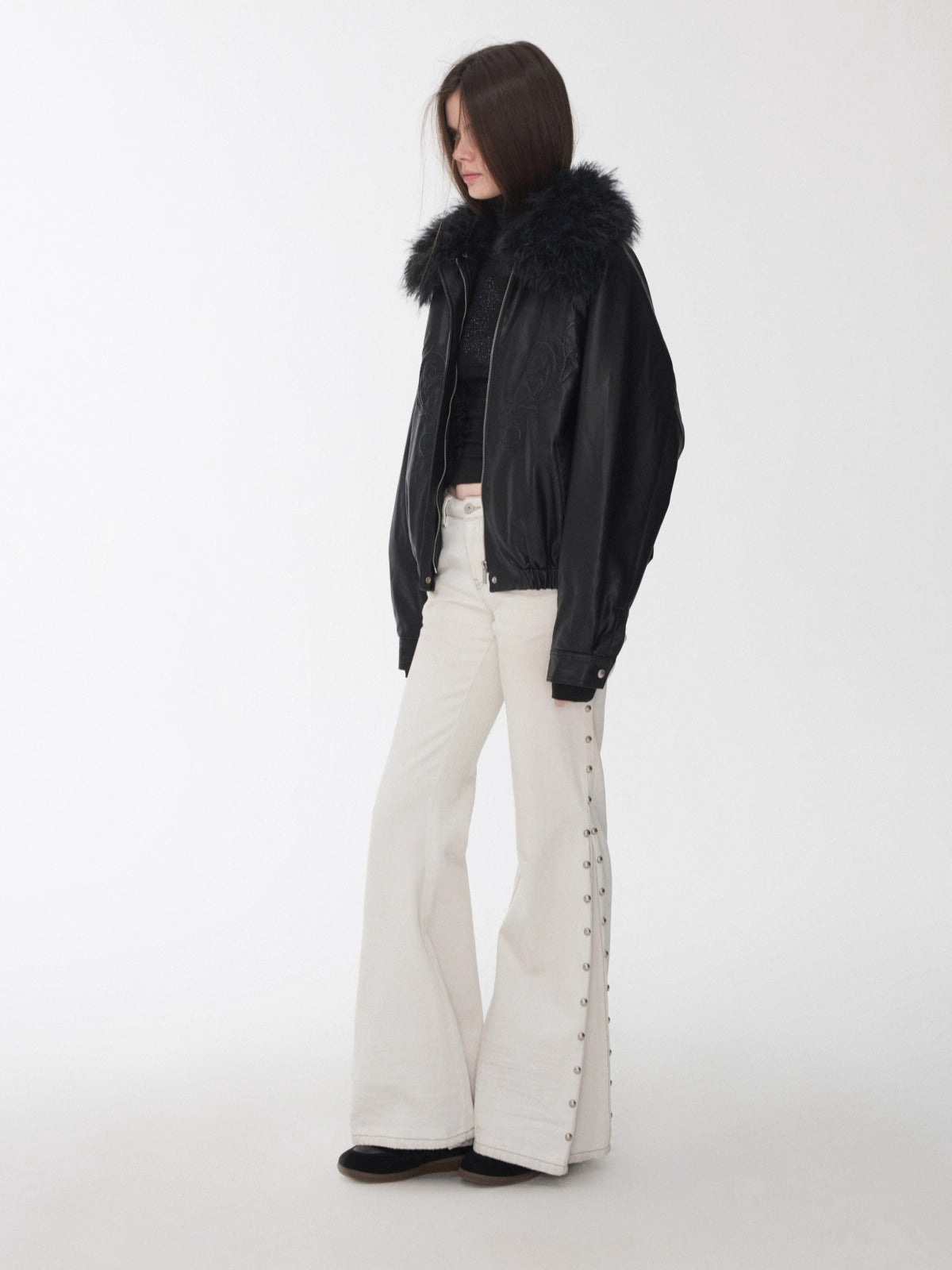 Studded Cat-Whisker Flared Denim Pants