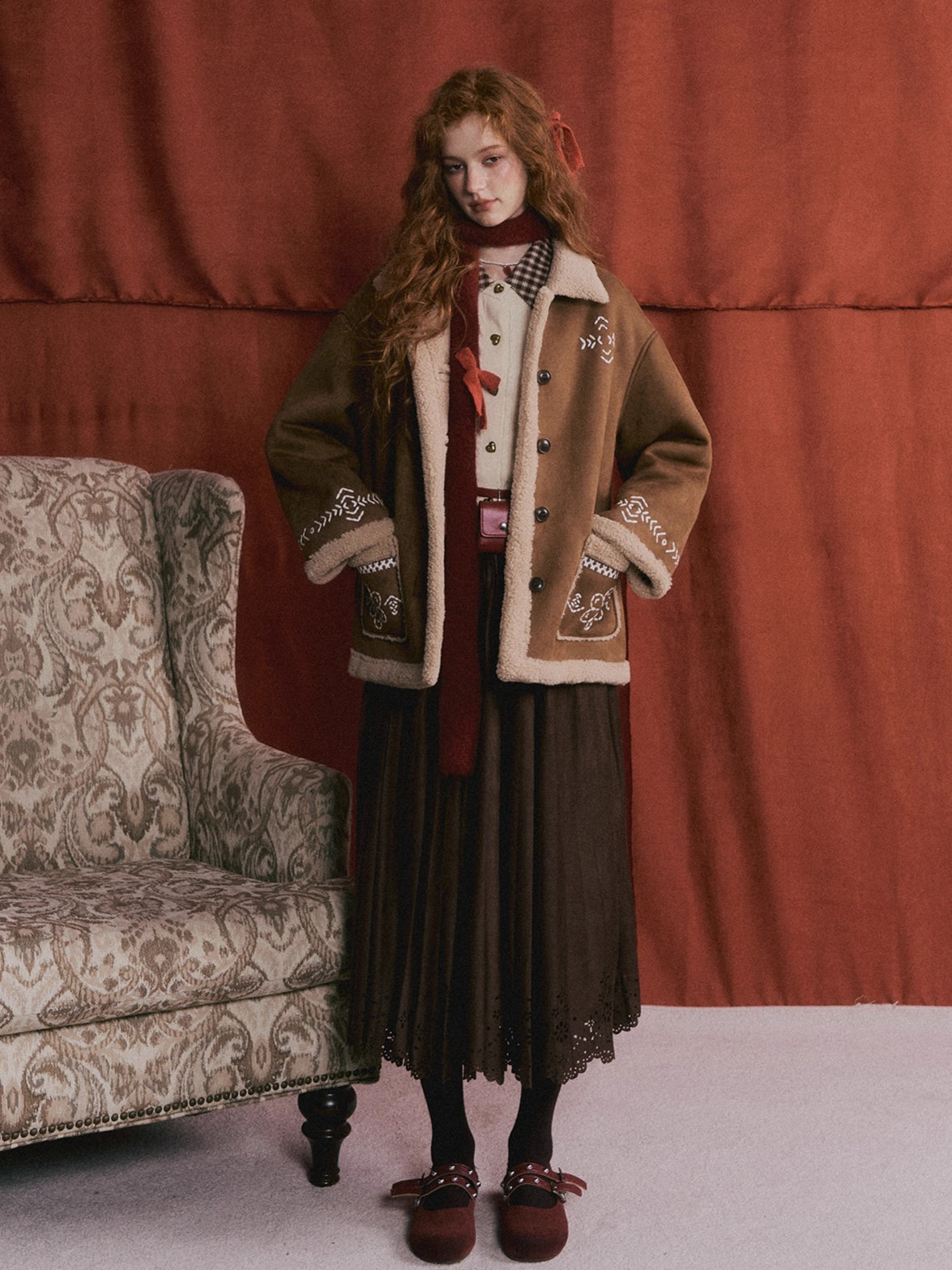 Suede Pleated Midi Skirt