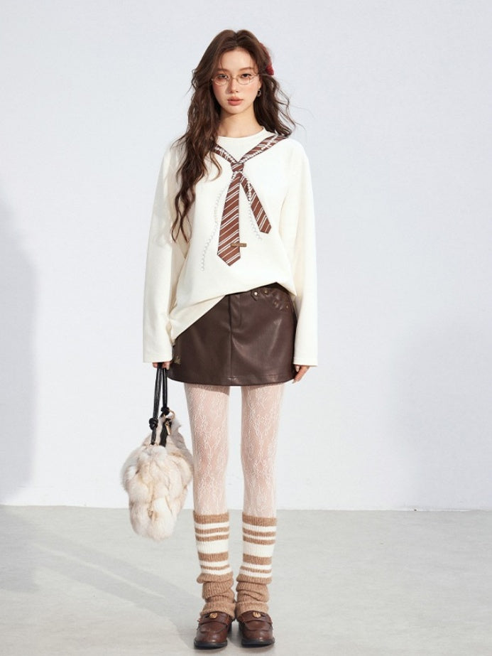 Pearl-Tie Printed Relaxed Long Sleeve T-Shirts